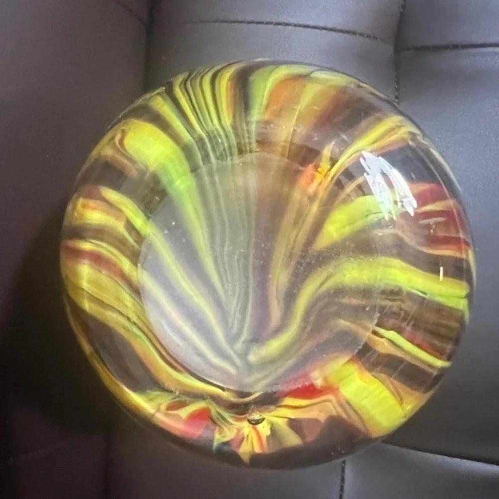 Hand Blown Art Glass Vase Yellow Brown Pulled Feather Amphora Two Handle 10 inch